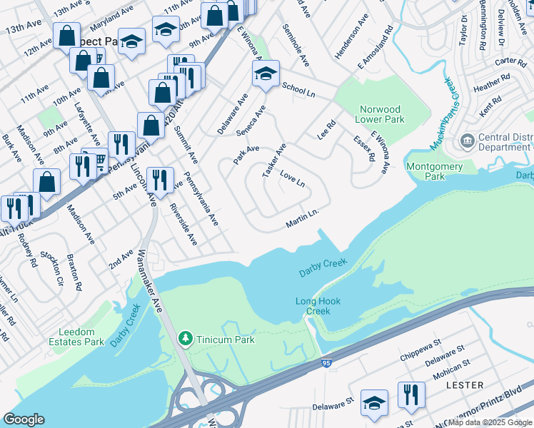 map of restaurants, bars, coffee shops, grocery stores, and more near 132 Love Lane in Norwood