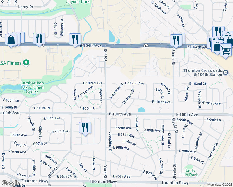 map of restaurants, bars, coffee shops, grocery stores, and more near 2323 East 101st Place in Thornton