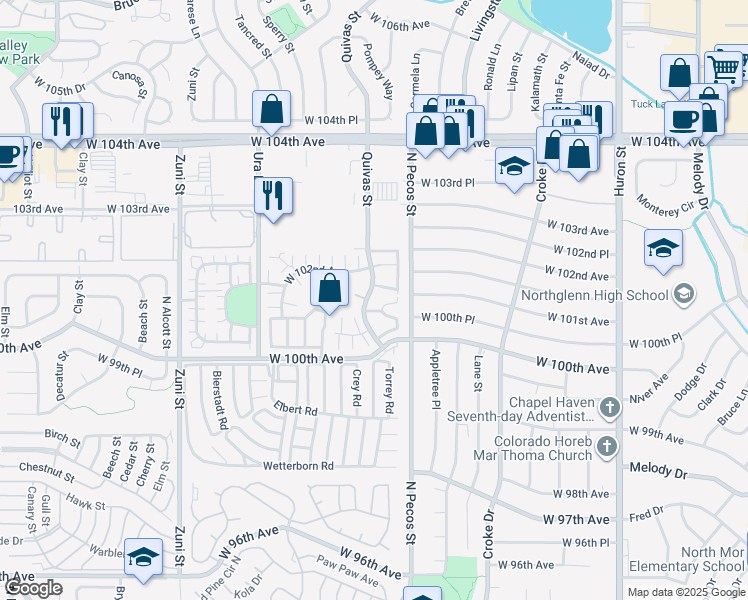map of restaurants, bars, coffee shops, grocery stores, and more near 1708 West 102nd Avenue in Thornton
