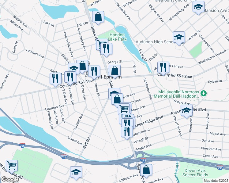 map of restaurants, bars, coffee shops, grocery stores, and more near in Mount Ephraim