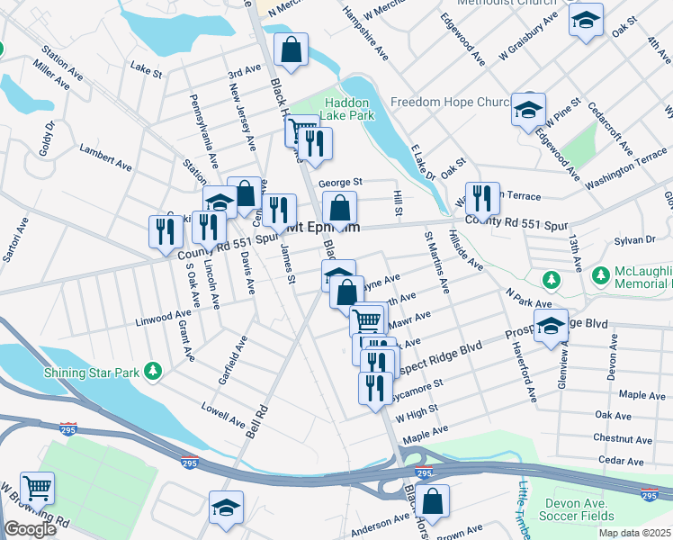 map of restaurants, bars, coffee shops, grocery stores, and more near in Mount Ephraim