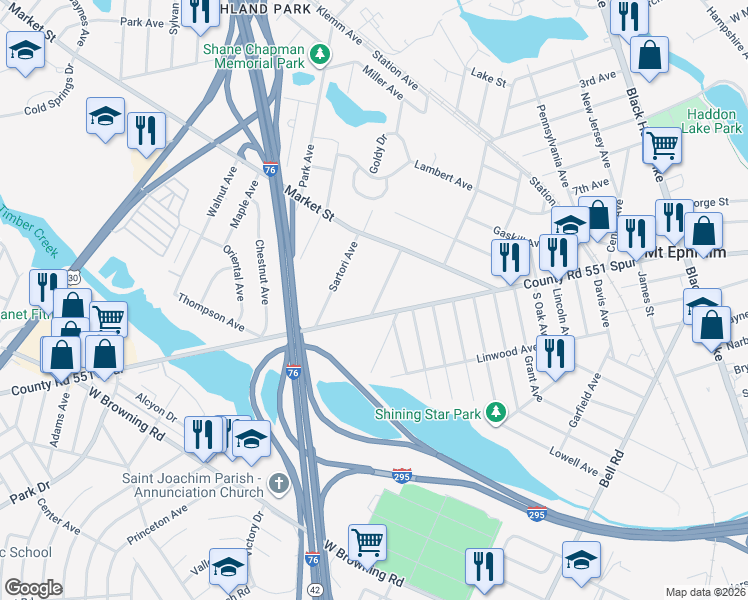 map of restaurants, bars, coffee shops, grocery stores, and more near 35 Remington Avenue in Mount Ephraim