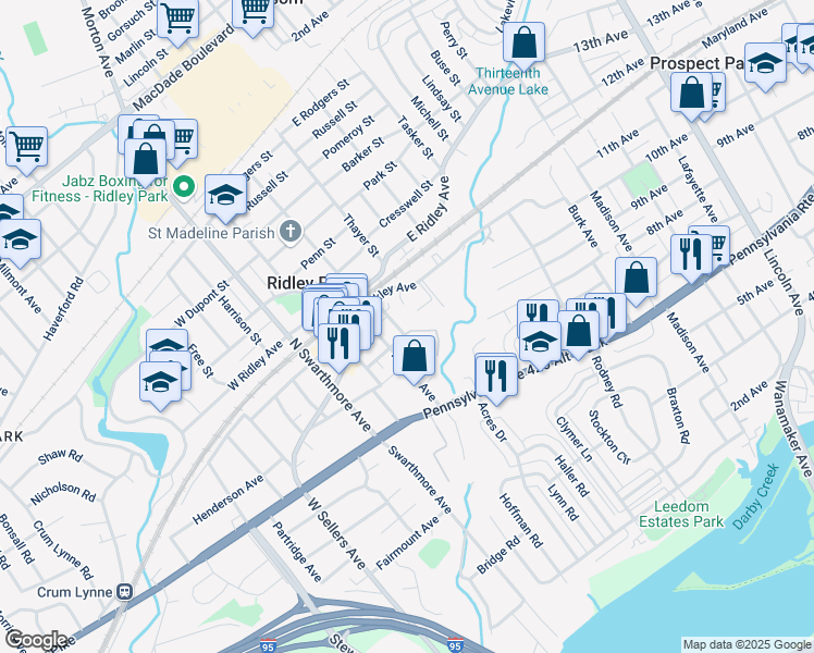 map of restaurants, bars, coffee shops, grocery stores, and more near 312 East Hinckley Avenue in Ridley Park
