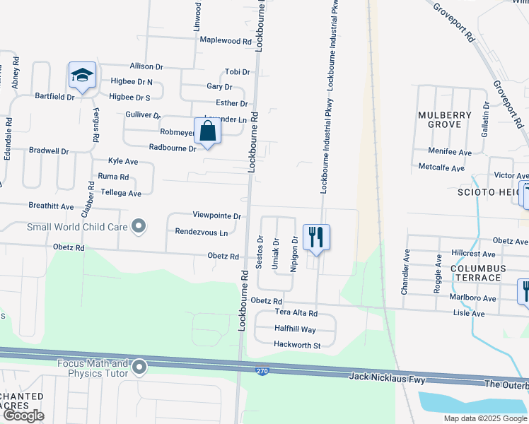 map of restaurants, bars, coffee shops, grocery stores, and more near 4140 Lockbourne Road in Columbus