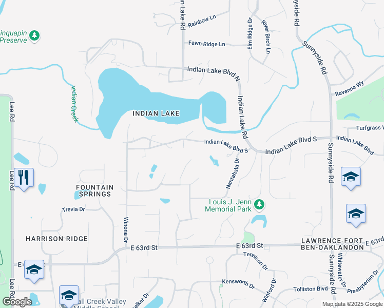 map of restaurants, bars, coffee shops, grocery stores, and more near 10335 Indian Lake Boulevard South in Indianapolis