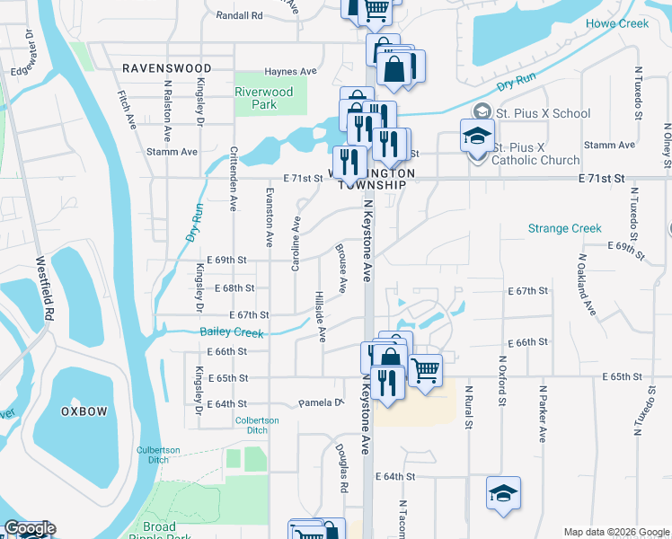 map of restaurants, bars, coffee shops, grocery stores, and more near 2229 East 69th Street in Indianapolis