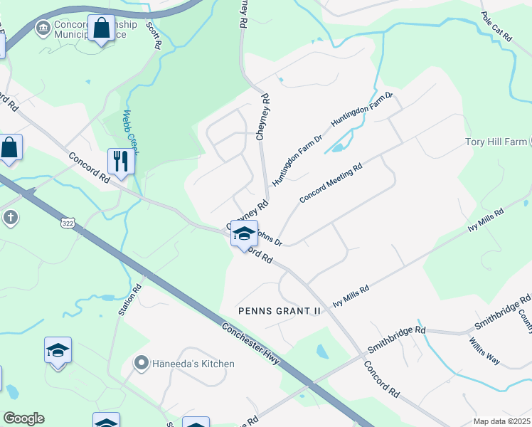 map of restaurants, bars, coffee shops, grocery stores, and more near 29 Cheyney Road in Delaware County