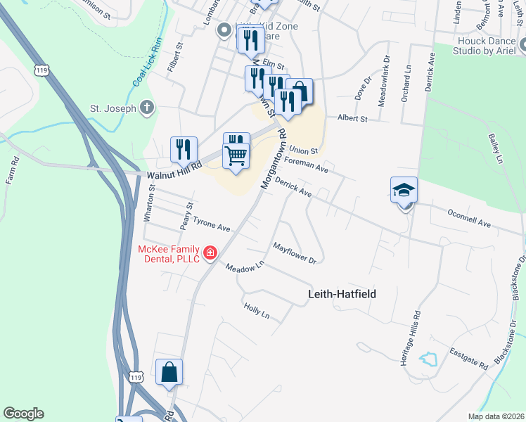 map of restaurants, bars, coffee shops, grocery stores, and more near 614 Morgantown Rd in Uniontown