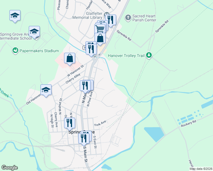 map of restaurants, bars, coffee shops, grocery stores, and more near 37 East 3rd Avenue in Spring Grove