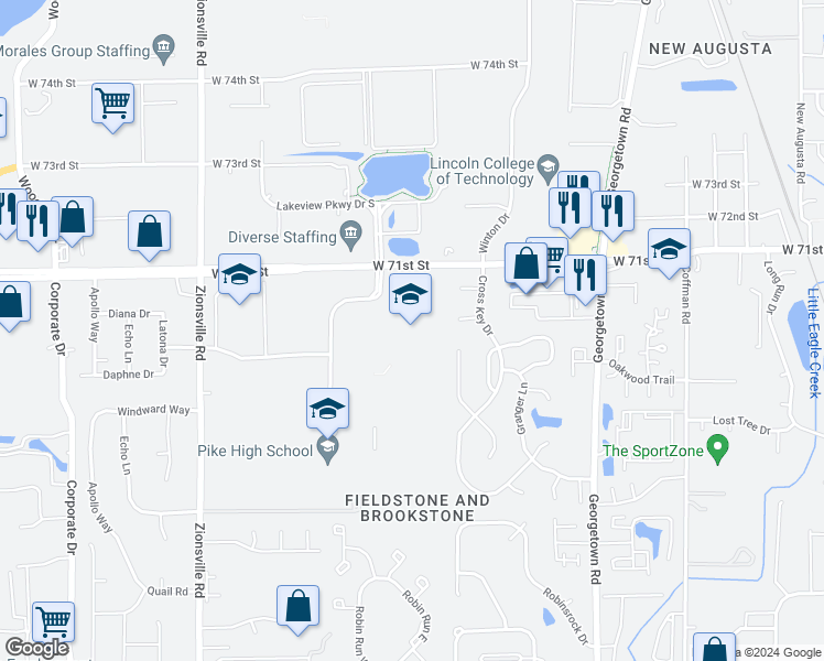 map of restaurants, bars, coffee shops, grocery stores, and more near 5353 West 71st Street in Indianapolis