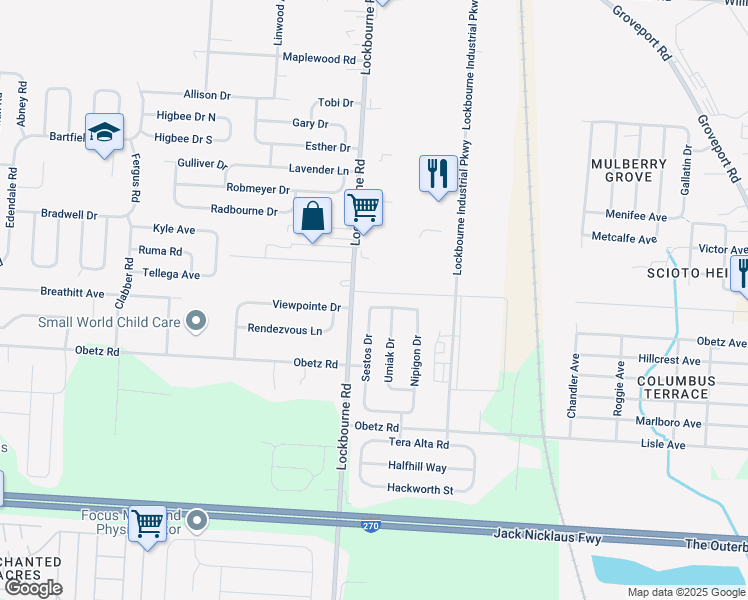 map of restaurants, bars, coffee shops, grocery stores, and more near 4140 Lockbourne Road in Columbus
