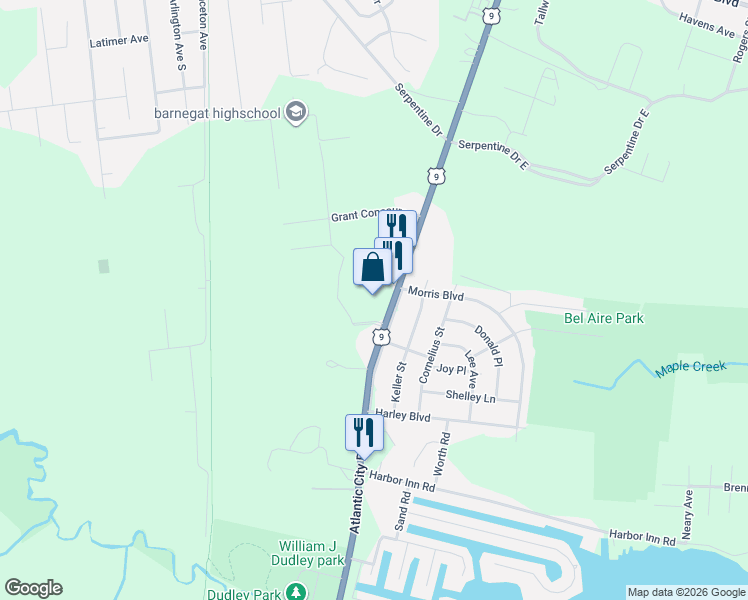 map of restaurants, bars, coffee shops, grocery stores, and more near 950 Atlantic City Boulevard in Berkeley Township