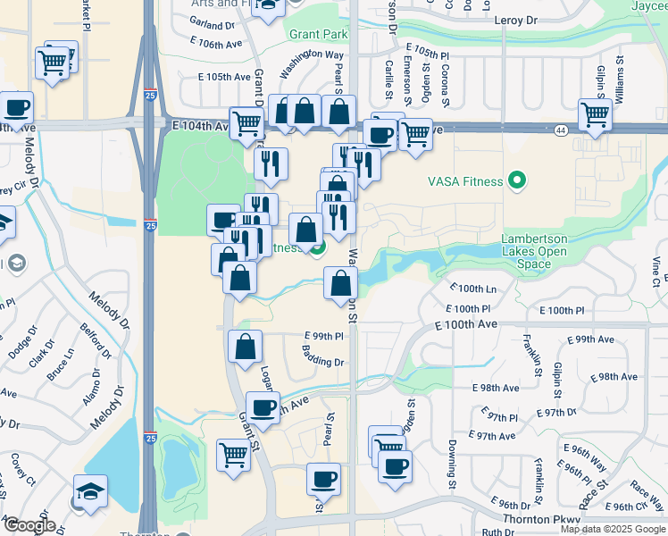 map of restaurants, bars, coffee shops, grocery stores, and more near 550 East 102nd Avenue in Thornton