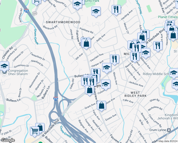 map of restaurants, bars, coffee shops, grocery stores, and more near 407 Fairview Road in Woodlyn