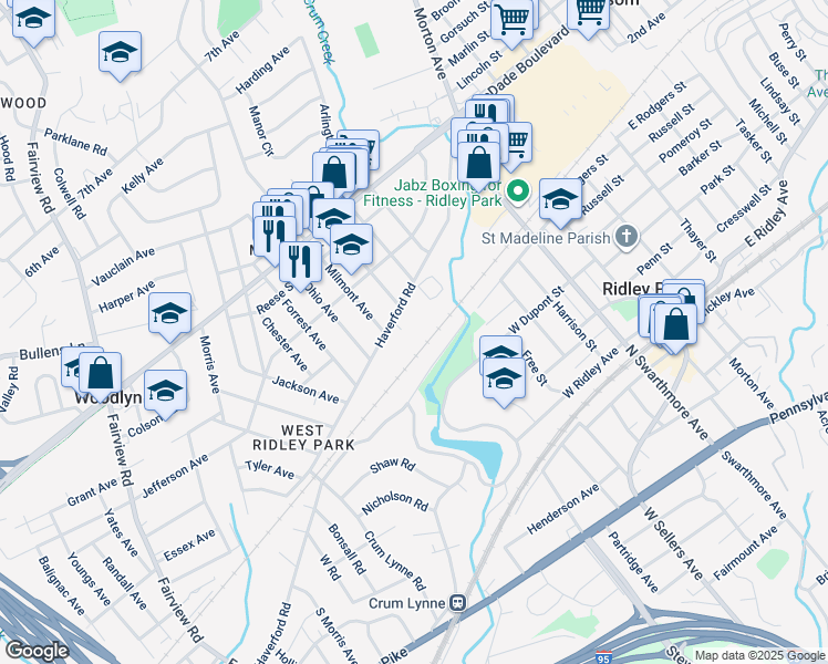 map of restaurants, bars, coffee shops, grocery stores, and more near 6 King Court in Ridley Park