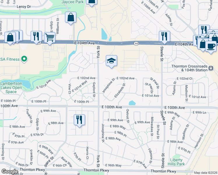 map of restaurants, bars, coffee shops, grocery stores, and more near 2323 East 101st Place in Thornton