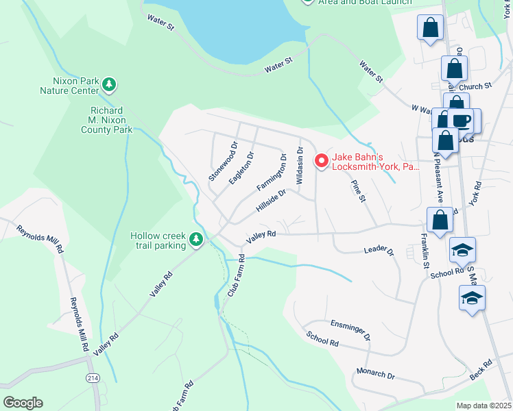 map of restaurants, bars, coffee shops, grocery stores, and more near 25 Hillside Drive in Jacobus