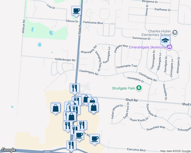 map of restaurants, bars, coffee shops, grocery stores, and more near 8830 Cherrygate Court in Dayton