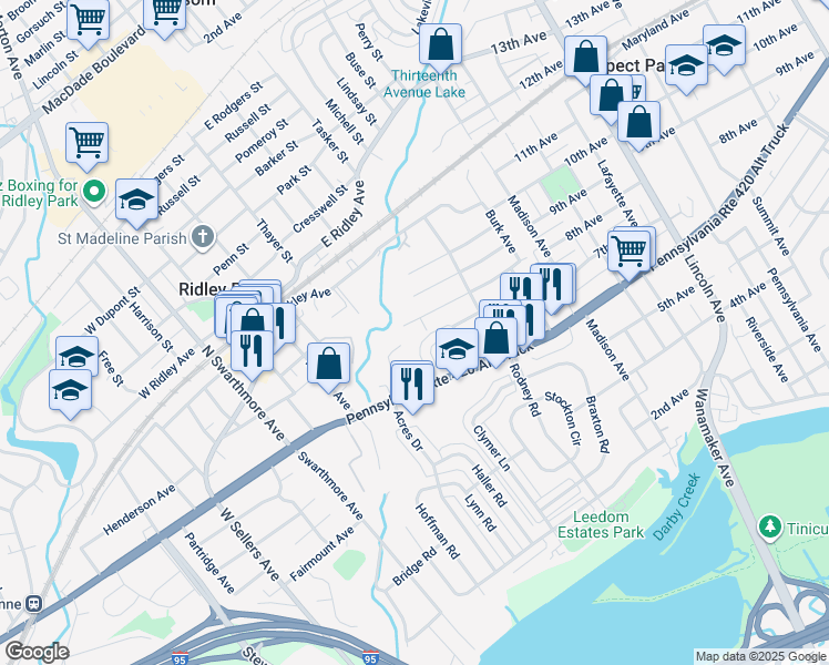 map of restaurants, bars, coffee shops, grocery stores, and more near 212 Kane Avenue in Ridley Park