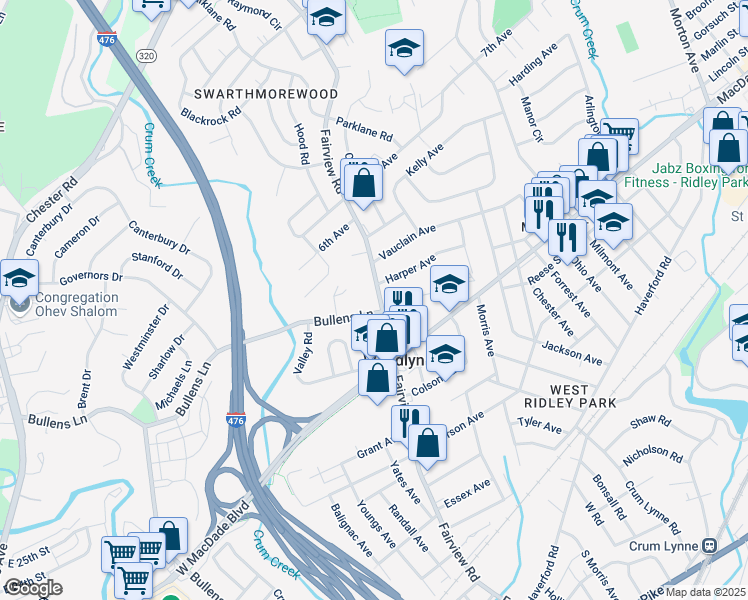map of restaurants, bars, coffee shops, grocery stores, and more near 407 Fairview Road in Woodlyn