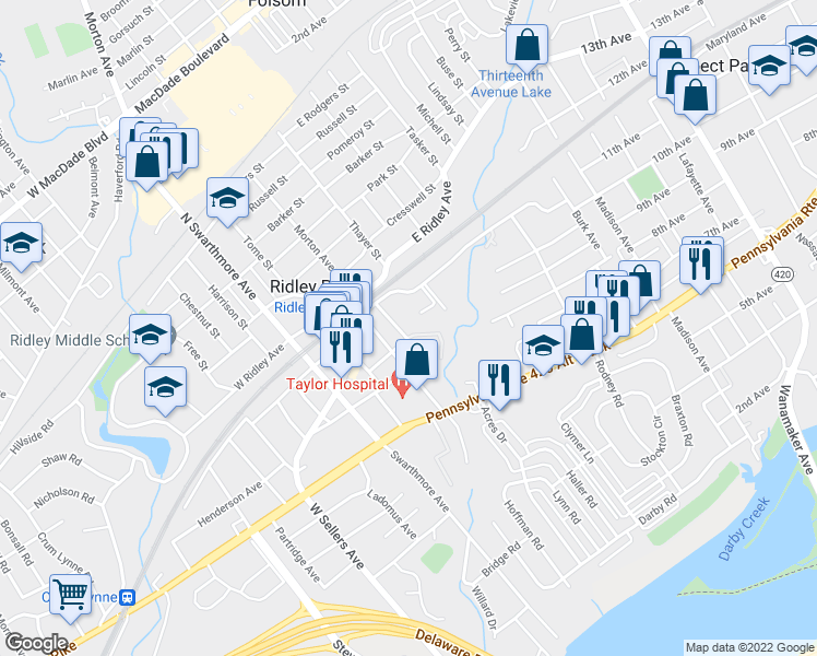 map of restaurants, bars, coffee shops, grocery stores, and more near 105 Lincoln Street in Ridley Park