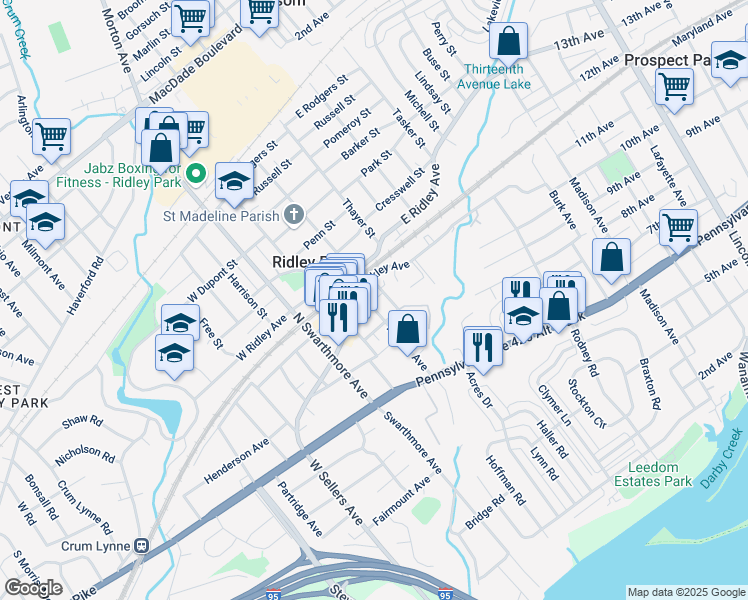 map of restaurants, bars, coffee shops, grocery stores, and more near 111 Morton Avenue in Ridley Park
