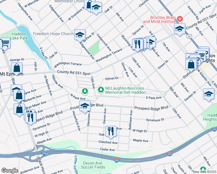 map of restaurants, bars, coffee shops, grocery stores, and more near 1165 Fulling Mill Lane in Haddon Heights