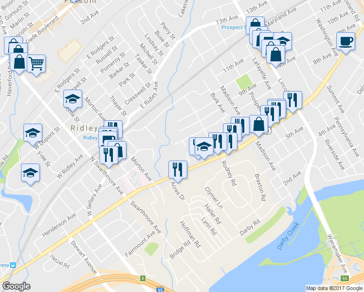 map of restaurants, bars, coffee shops, grocery stores, and more near 212 Kane Avenue in Ridley Park