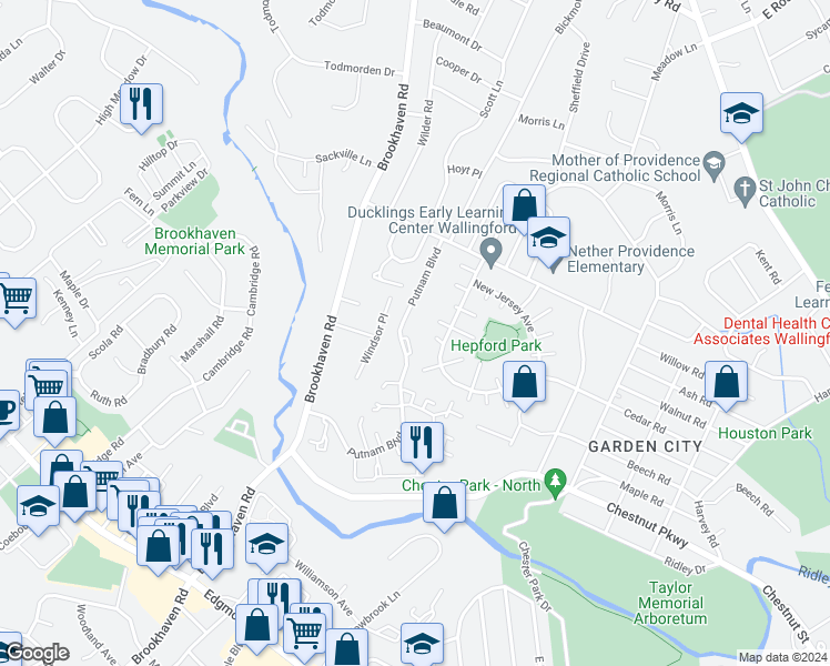 map of restaurants, bars, coffee shops, grocery stores, and more near 842B Putnam Boulevard in Nether Providence Township