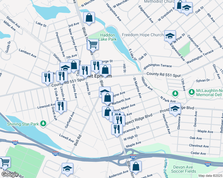 map of restaurants, bars, coffee shops, grocery stores, and more near 151 New Jersey Avenue in Mount Ephraim
