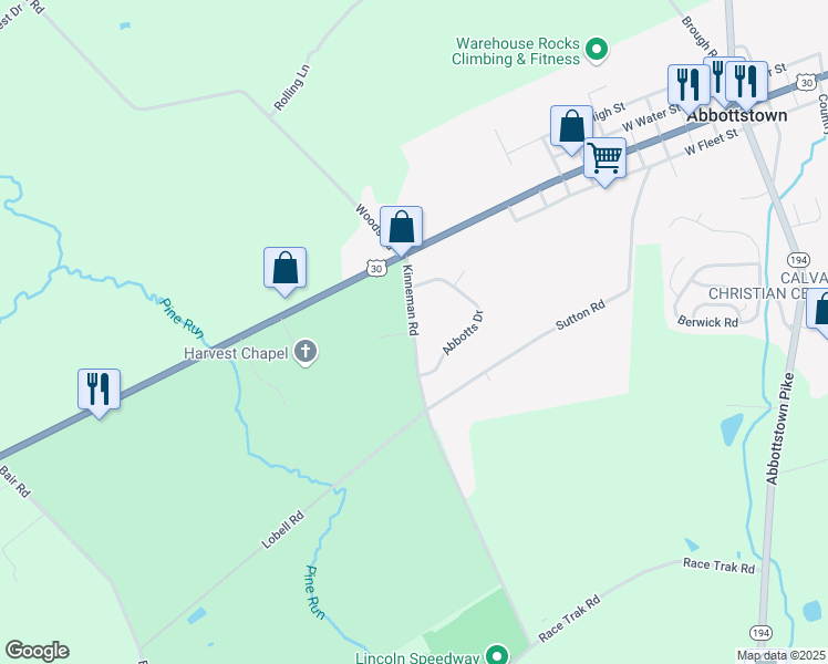 map of restaurants, bars, coffee shops, grocery stores, and more near Cherry Tree Court in Abbottstown