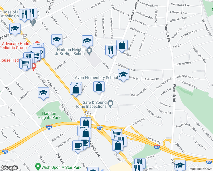 map of restaurants, bars, coffee shops, grocery stores, and more near 170 Kent Road in Haddonfield