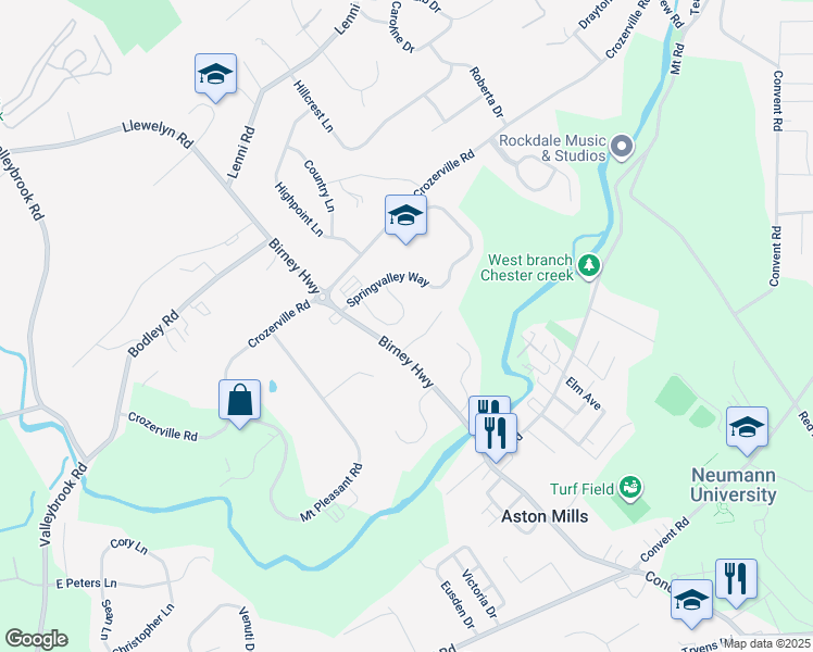 map of restaurants, bars, coffee shops, grocery stores, and more near 30 Steeplechase Circle in Aston