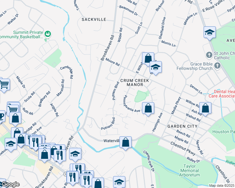 map of restaurants, bars, coffee shops, grocery stores, and more near 856 Putnam Boulevard in Nether Providence Township