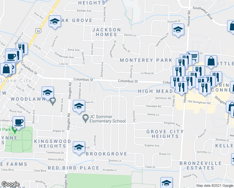 map of restaurants, bars, coffee shops, grocery stores, and more near 4101 Brookgrove Drive in Grove City