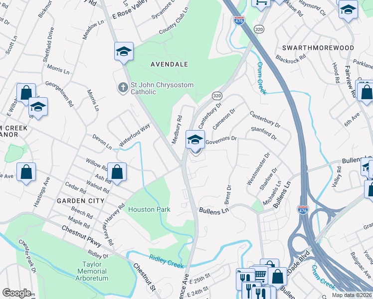 map of restaurants, bars, coffee shops, grocery stores, and more near in Nether Providence Township