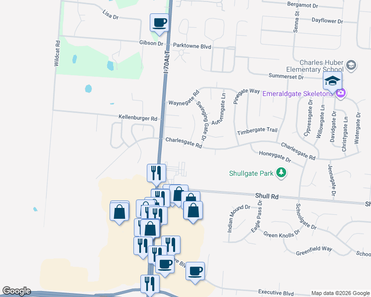 map of restaurants, bars, coffee shops, grocery stores, and more near 8821 Foxgate Court in Huber Heights