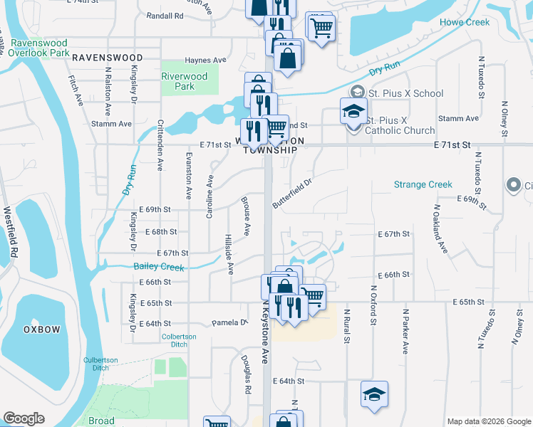 map of restaurants, bars, coffee shops, grocery stores, and more near 6856 North Keystone Avenue in Indianapolis
