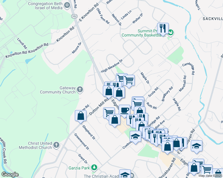 map of restaurants, bars, coffee shops, grocery stores, and more near 6406 Hilltop Drive in Brookhaven