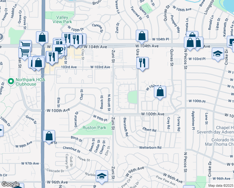 map of restaurants, bars, coffee shops, grocery stores, and more near 10101 Wyandott Circle North in Thornton