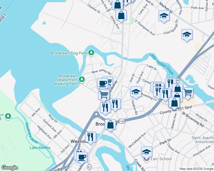 map of restaurants, bars, coffee shops, grocery stores, and more near 207 Chestnut Street in Brooklawn