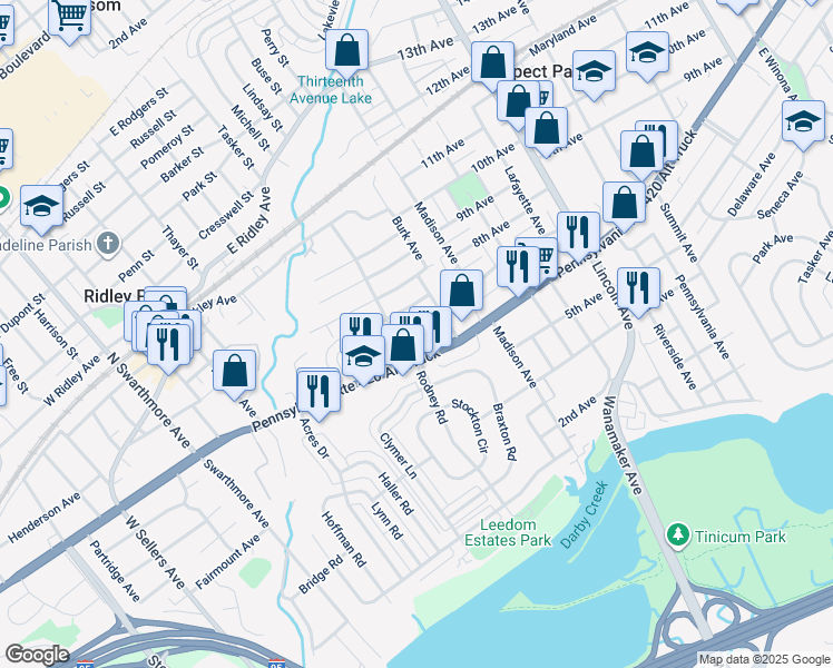 map of restaurants, bars, coffee shops, grocery stores, and more near 506 Deakyne Avenue in Ridley Park