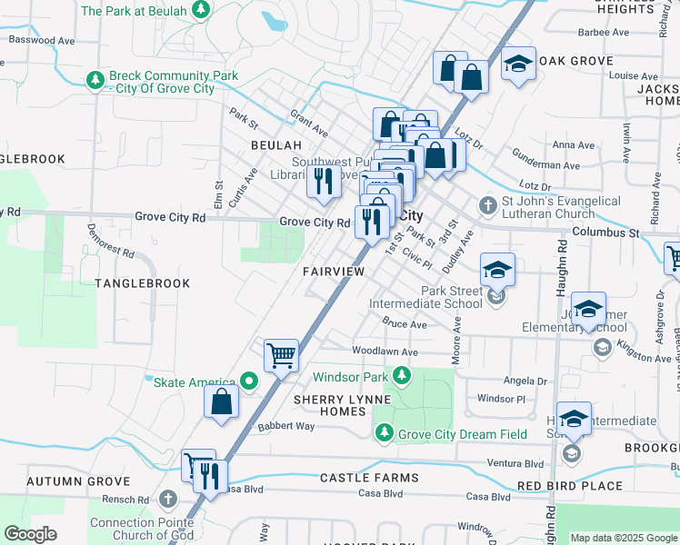 map of restaurants, bars, coffee shops, grocery stores, and more near 4133 Broadway in Grove City