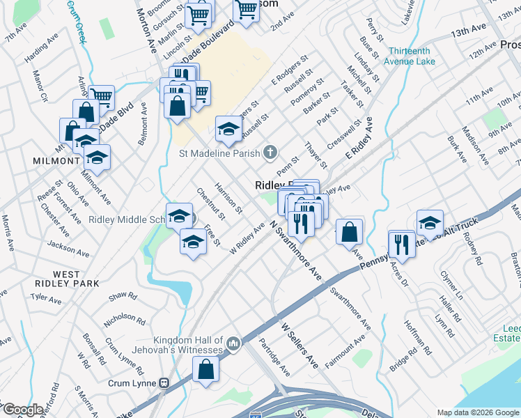 map of restaurants, bars, coffee shops, grocery stores, and more near North Swarthmore Avenue in Ridley Park