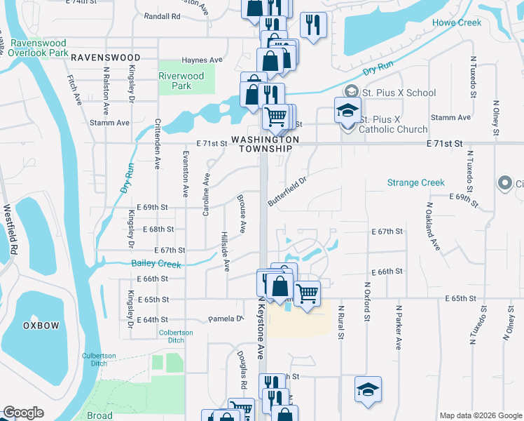 map of restaurants, bars, coffee shops, grocery stores, and more near 6856 North Keystone Avenue in Indianapolis