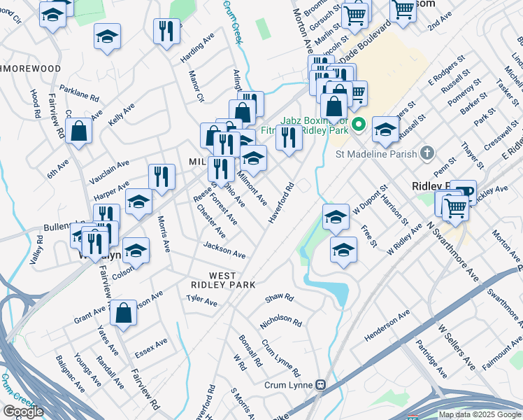 map of restaurants, bars, coffee shops, grocery stores, and more near 103 Milmont Avenue in Folsom