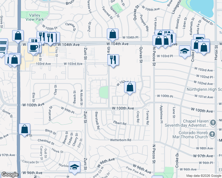 map of restaurants, bars, coffee shops, grocery stores, and more near 2034 West 101st Avenue in Thornton