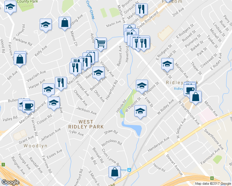 map of restaurants, bars, coffee shops, grocery stores, and more near 6 King Court in Ridley Park