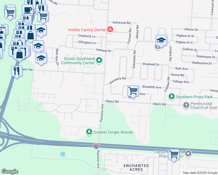 map of restaurants, bars, coffee shops, grocery stores, and more near 542 Glendora Road in Columbus