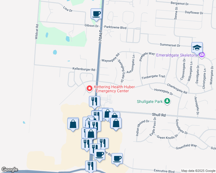 map of restaurants, bars, coffee shops, grocery stores, and more near 8821 Foxgate Court in Huber Heights